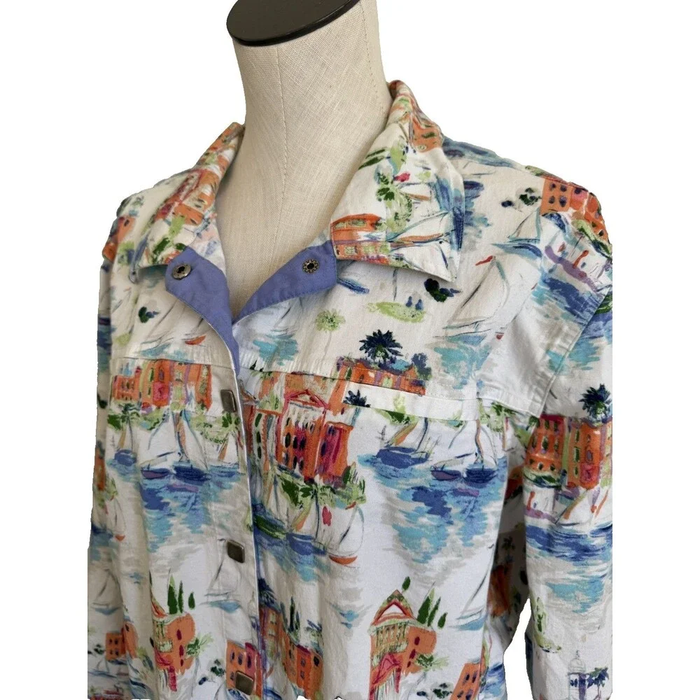 VTG CJ Banks Jacket Womens Size 2X Stretch Snap Button Artsy City White Print
